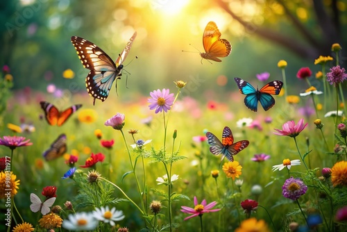 Delicate colorful butterflies flit around vibrant blooming flowers in a lush green meadow, surrounded by soft focus foliage and warm natural sunlight filtering through air.
