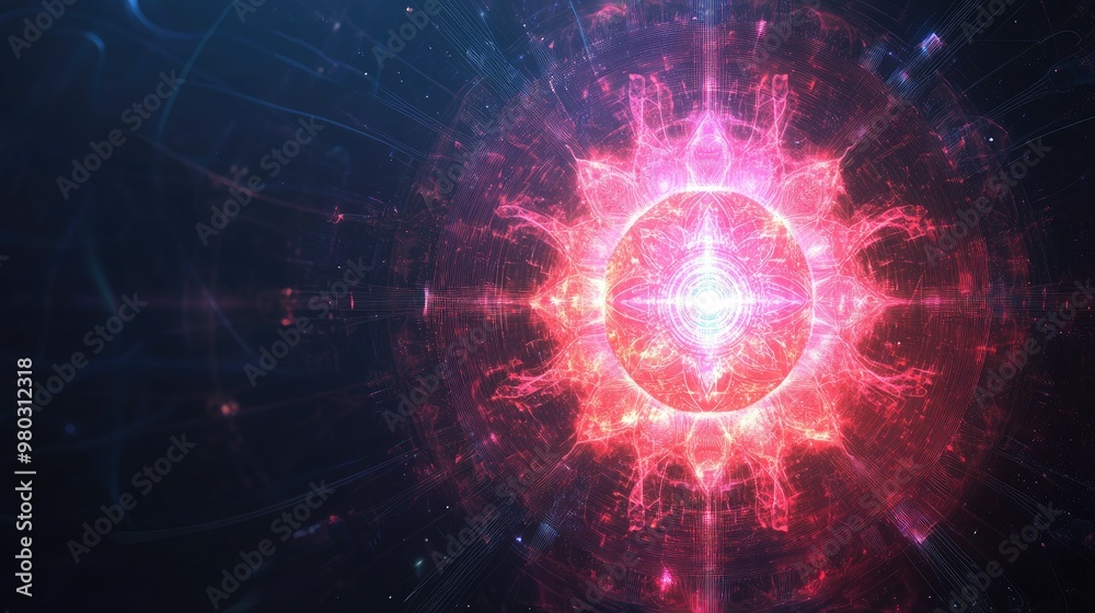 Naklejka premium Digital chakra patterns glowing on a dark background, with space for messaging on technology beliefs.