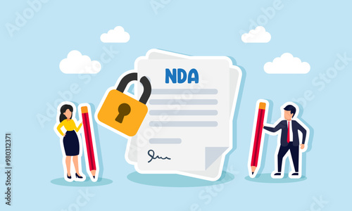 A businessman and businesswoman each holding a pencil to sign an NDA, illustrating an agreement to keep company documents confidential