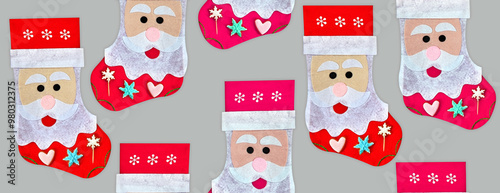 Seamless Christmas background.Traditional holiday socks.Christmas seamless background New Year's sock in the form of Santa Claus.