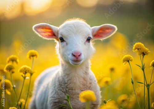 Adorable white lamb with fluffy fur and gentle eyes stands in a vibrant yellow flower field, isolated on a soft, blurred natural background.