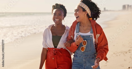 Photography Friends, beach and laughing together on sand, outdoor freedom and weekend trip to ocean waves