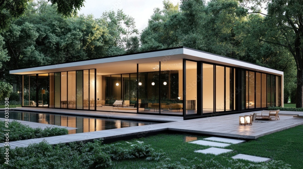 A modern, minimalist home design featuring large glass windows, clean lines, and an open floor plan. The house is surrounded by greenery, blending seamlessly with the environment. A modern, minimalist home design featuring large glass windows, clean lines, and an open floor plan. The house is surrounded by greenery, blending seamlessly with the environment.