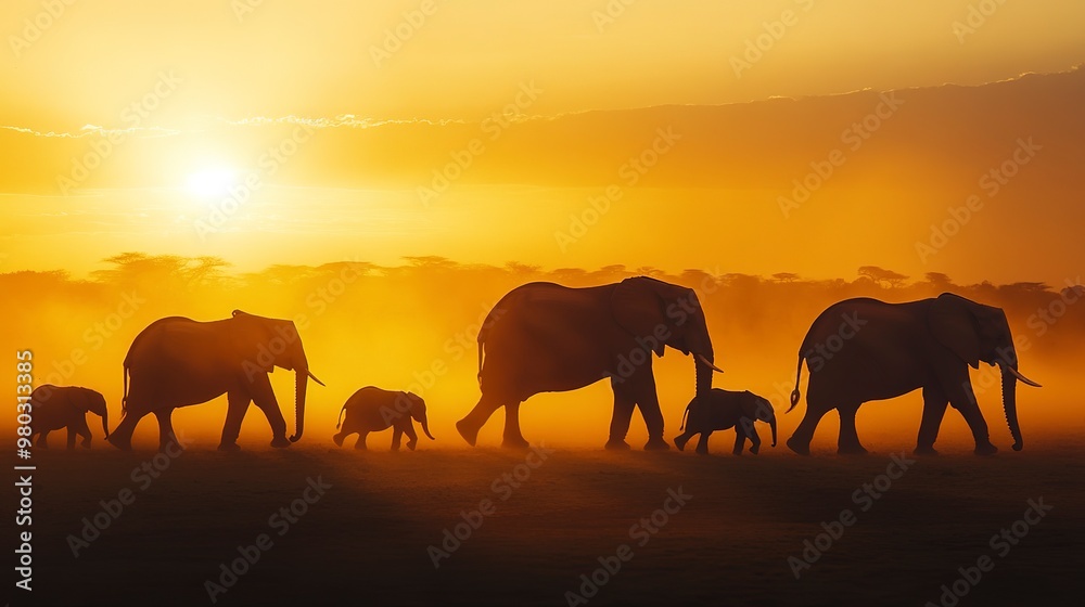 Fototapeta premium A family of elephants walking in a line across a dusty African plain, with the golden glow of sunset highlighting their large silhouettes