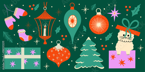 Christmas vector flat cartoon illustration set with winter holiday decorations design elements, festive ornament, xmas bauble, mistletoe, lantern, tree, gift box, cat, toys, retro sticker collection