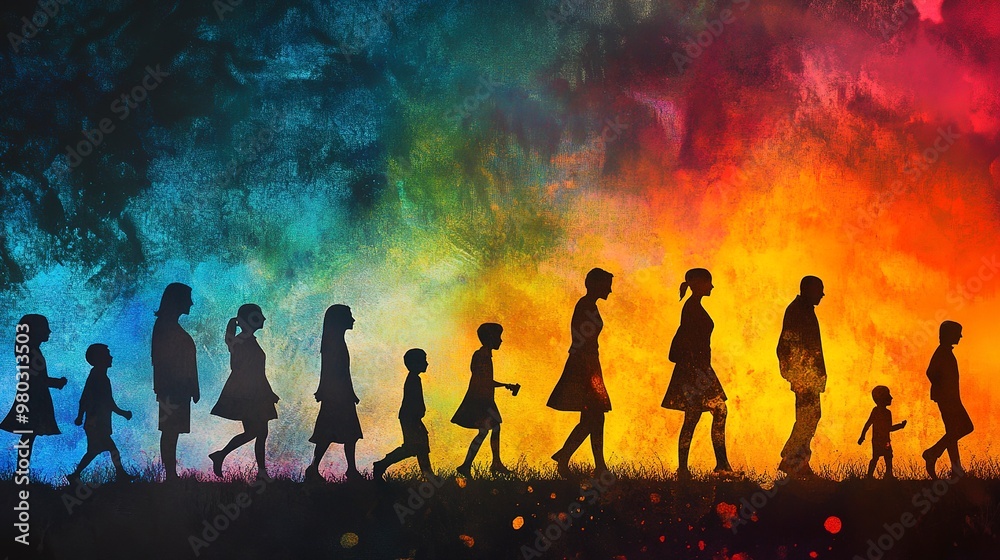 Silhouettes of people in different generations form a vibrant tableau. Silhouettes of people in different generations form a vibrant tableau.