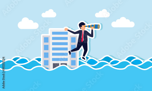A businessman using a telescope while holding onto an office building submerged in floodwaters, illustrating an entrepreneur vision in analyzing a company problem