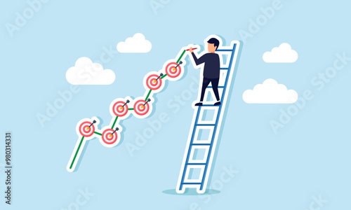 A businessman climbing a ladder and writing a growth chart, illustrating the progress and performance of an employee or entrepreneur in setting company targets