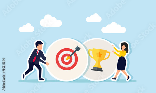 A businessman rolling a target sign while a businesswoman rolls a trophy, illustrating differing opinions between aiming for higher goals or accepting current achievements