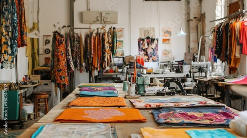 A workshop where ethical fashion designers are creating upcycled clothing from recycled materials. Tables are filled with colorful fabrics, and sewing machines hum in the background. photo