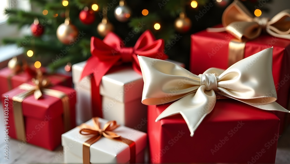 Christmas gifts with red and gold ribbons under a decorated tree with warm bokeh lights Christmas gifts with red and gold ribbons under a decorated tree with warm bokeh lights