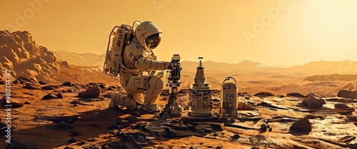 An astronaut equipped with advanced technology explores the rocky, barren surface of Mars. The warm, golden light of the Martian landscape enhances the sense of adventure and the pioneering spirit of photo