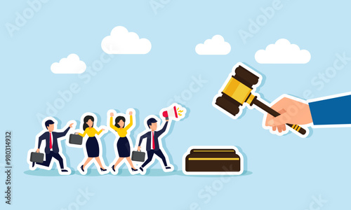 A group of businessmen and businesswomen walking towards a gavel for a protest, illustrating a demonstration against a court decision that harms business owners