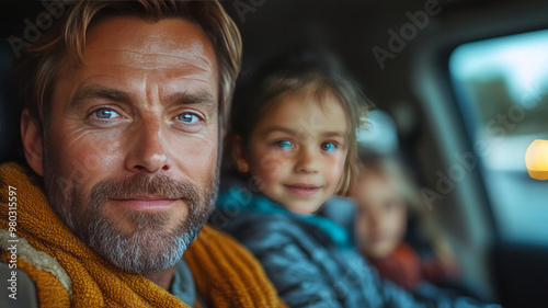 full family SUV in line for a car wash, dad driver has slightly surprised facial expression, kids in the back seat