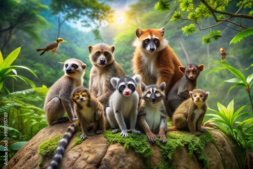 Adorable wild animals including monkeys, birds, and raccoons gather on a rocky outcropping amidst a vibrant green jungle landscape, showcasing their unique personalities.