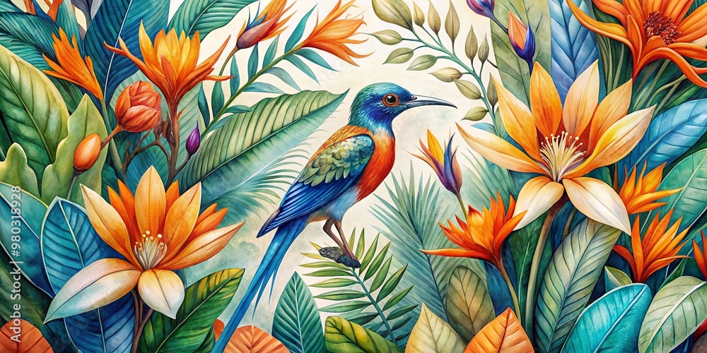 Obraz premium Vibrant watercolor illustration of a bird of paradise surrounded by lush exotic orange and blue flowers with delicate petals and intricate details.