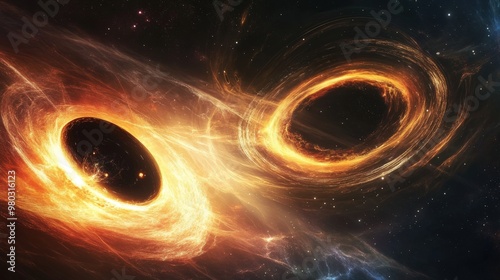 An concept of a supermassive black hole merging with another, generating powerful gravitational waves