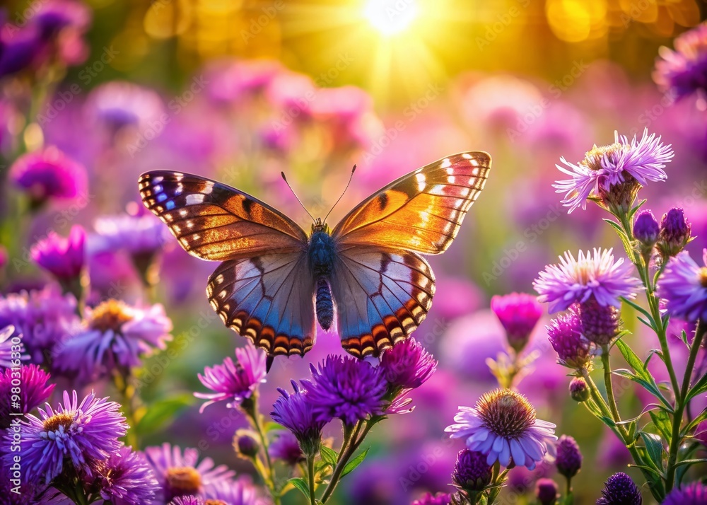 Obraz premium A delicate butterfly with iridescent wings spreads its wings among a cluster of vibrant purple flowers in a lush, sun-kissed meadow.