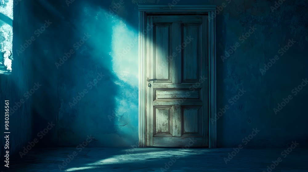 Fototapeta premium Vintage door in an old room with light shining through, mystery and adventure
