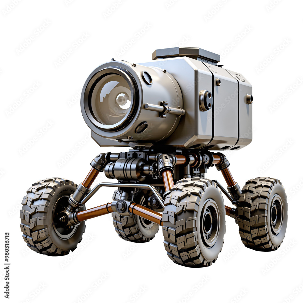 Steampunk Rover: A futuristic, steampunk-inspired rover with intricate gears, pipes, and a large lens. This 3D rendering evokes a sense of exploration and adventure. Steampunk Rover: A futuristic, steampunk-inspired rover with intricate gears, pipes, and a large lens. This 3D rendering evokes a sense of exploration and adventure.