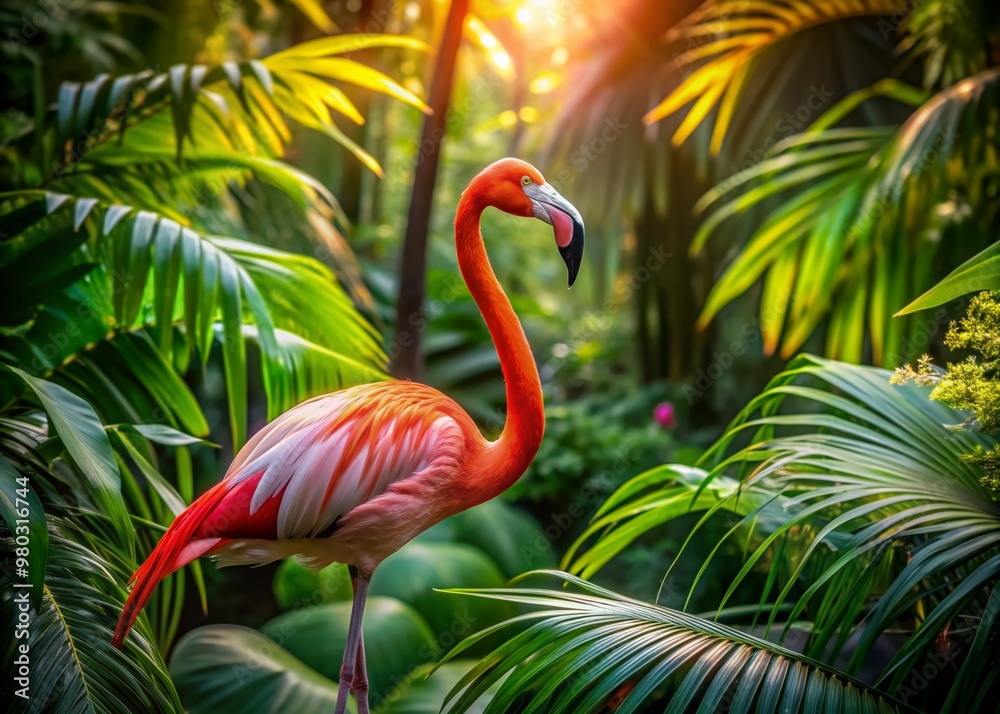 Fototapeta premium Vibrant pink flamingo stands majestically amidst lush greenery in a serene jungle setting, its feathers glowing brightly against the natural background of exotic foliage.