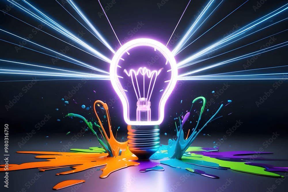 Concept art of bright light bulb with digital rays and paints electricity and creative Concept art of bright light bulb with digital rays and paints electricity and creative