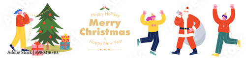 Santa Claus with his jolly friends enjoying a party to celebrate New Year and Christmas together. Young man decorating Christmas tree. Cartoon character vector illustration