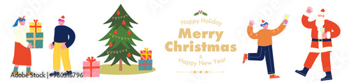 Santa Claus with his jolly friends enjoying a party to celebrate New Year and Christmas together. Young people giving each other gifts by the Christmas tree. Cartoon character vector illustration