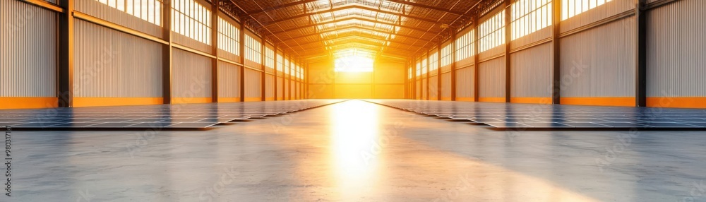 A factory hall with flexible solar panels installed on curved roof structures, maximizing solar energy capture, flexible solar panels factory hall, adaptable solar technology A factory hall with flexible solar panels installed on curved roof structures, maximizing solar energy capture, flexible solar panels factory hall, adaptable solar technology