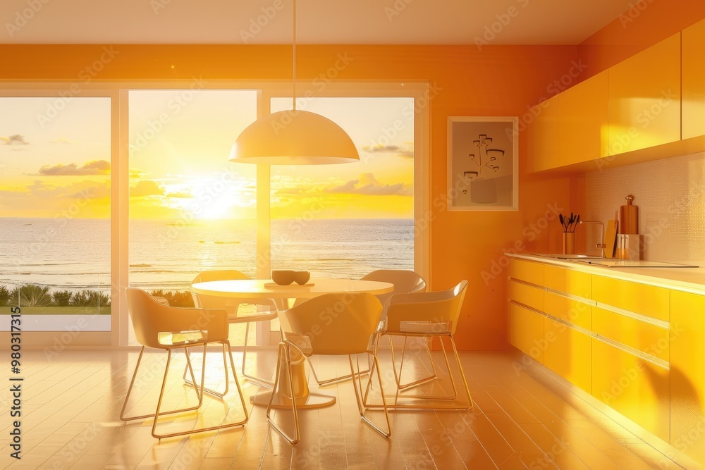 Fototapeta premium Modern Coastal Kitchen and Dining Area with Ocean Sunset View and Vibrant Yellow Wall Poster Mockup