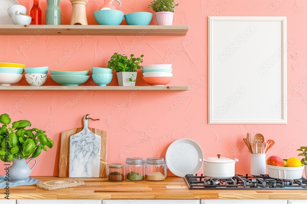 Bright and Playful Scandinavian Kitchen with Colorful Ceramics, Fresh Herbs, and Pink Wall Mockup Bright and Playful Scandinavian Kitchen with Colorful Ceramics, Fresh Herbs, and Pink Wall Mockup