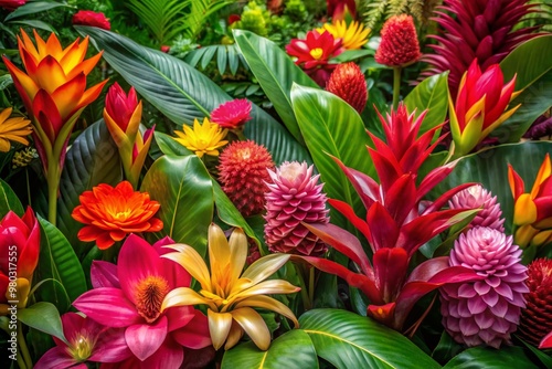 Vibrant botanical background featuring an array of exotic flowers in shades of pink, red, orange, and yellow, amidst lush green leaves, creating a colorful tropical ambiance.