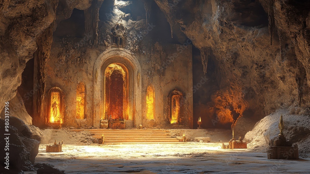 A stylized 3D cave interior with exaggerated textures and dynamic lighting, producing a dramatic and impactful effect. A stylized 3D cave interior with exaggerated textures and dynamic lighting, producing a dramatic and impactful effect.