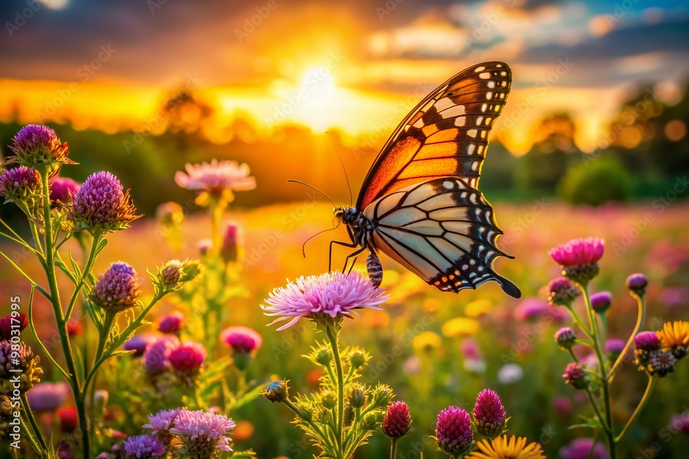 Vibrant butterfly sips nectar from blooming wildflower, set against warm sunset backdrop, surrounded by lush greenery, amidst serene natural landscape of vibrant colors. Vibrant butterfly sips nectar from blooming wildflower, set against warm sunset backdrop, surrounded by lush greenery, amidst serene natural landscape of vibrant colors.
