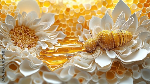 A paper art style honey illustration with layered cuts and golden hues, featuring delicate drips and soft shadows. photo