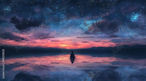 A serene reflection of a colorful sunset with a starry sky, creating a tranquil atmosphere on the calm water surface.