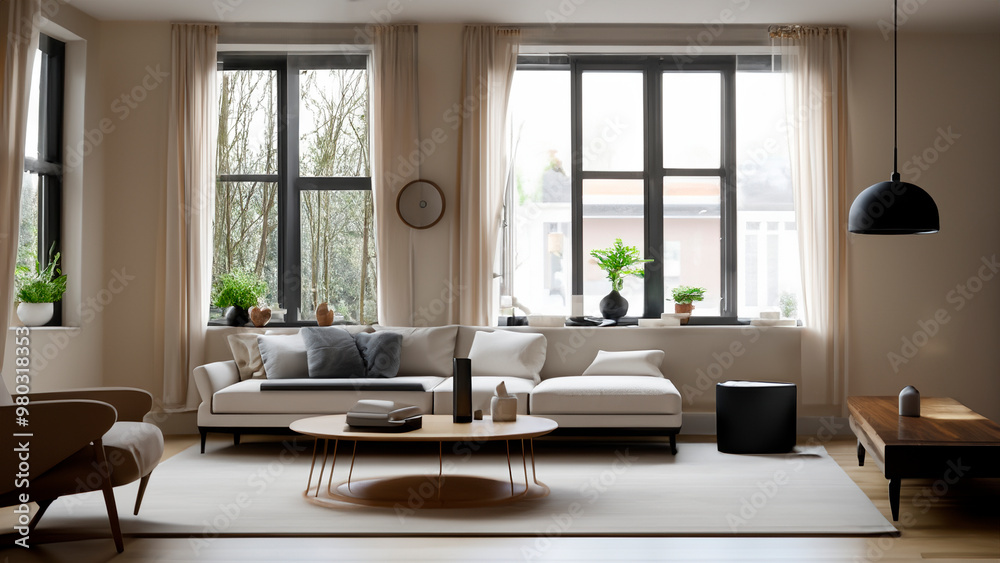 Fototapeta premium Elegant, modern, well-lit living room Generative AI