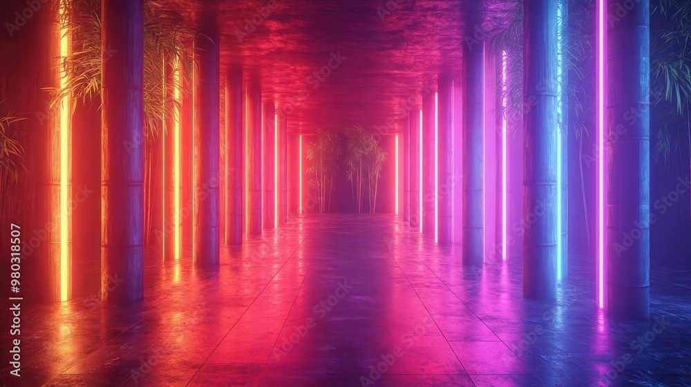 Fototapeta premium A neon synthwave bamboo with glowing outlines and vibrant neon colors, set against a retro-futuristic design with geometric elements and dynamic visuals.