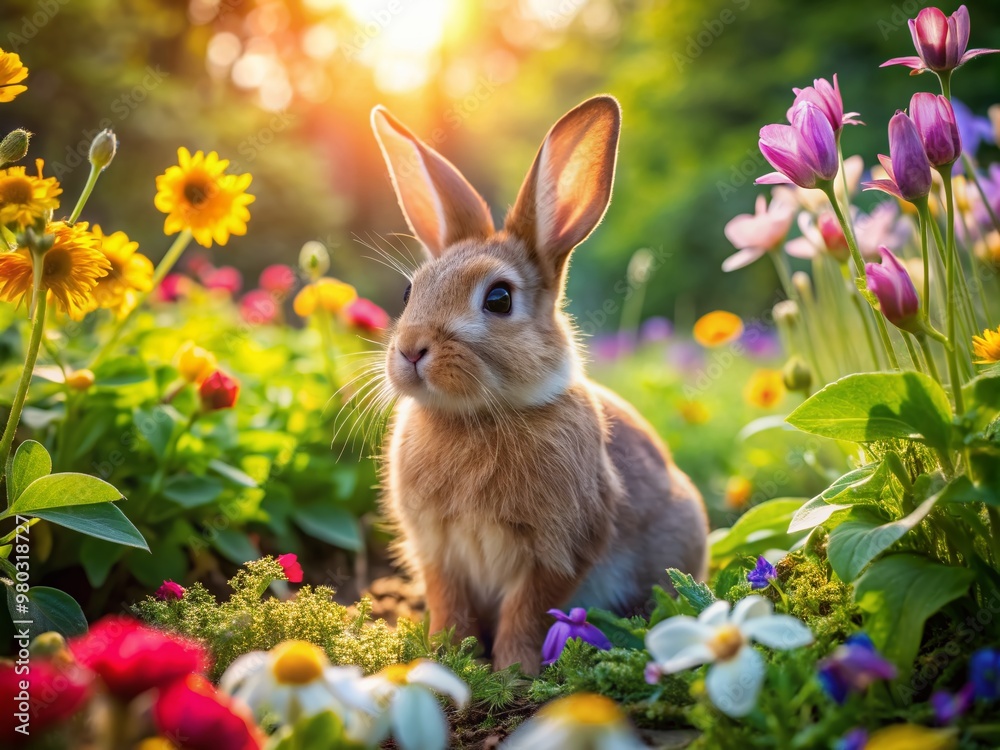 A gentle rabbit frolics in a vibrant sunlit garden, surrounded by lush greenery and colorful flowers, exuding innocence and serenity in a peaceful natural setting. A gentle rabbit frolics in a vibrant sunlit garden, surrounded by lush greenery and colorful flowers, exuding innocence and serenity in a peaceful natural setting.