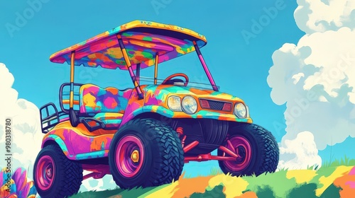 A vibrant, colorful golf cart parked on a grassy hill under a bright blue sky, exuding a fun and playful summer vibe.