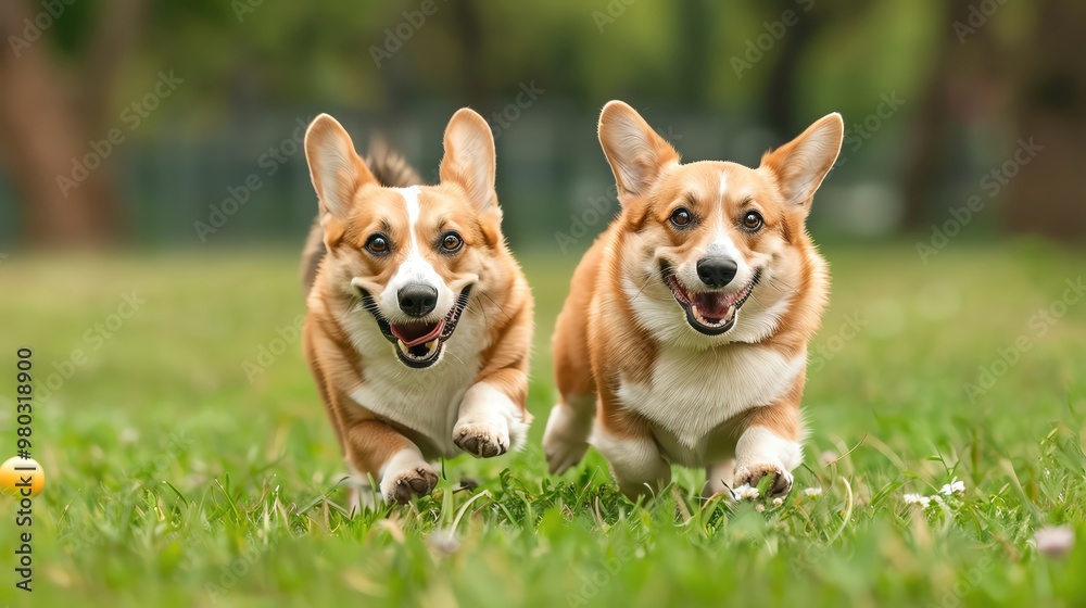 Two playful corgis running joyfully in a green field, showcasing their energetic spirit and adorable features. Two playful corgis running joyfully in a green field, showcasing their energetic spirit and adorable features.