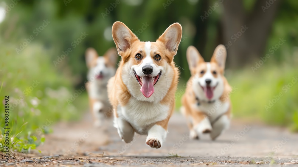 Playful corgi dogs running joyfully along a scenic path, showcasing their adorable expressions and energetic nature. Playful corgi dogs running joyfully along a scenic path, showcasing their adorable expressions and energetic nature.