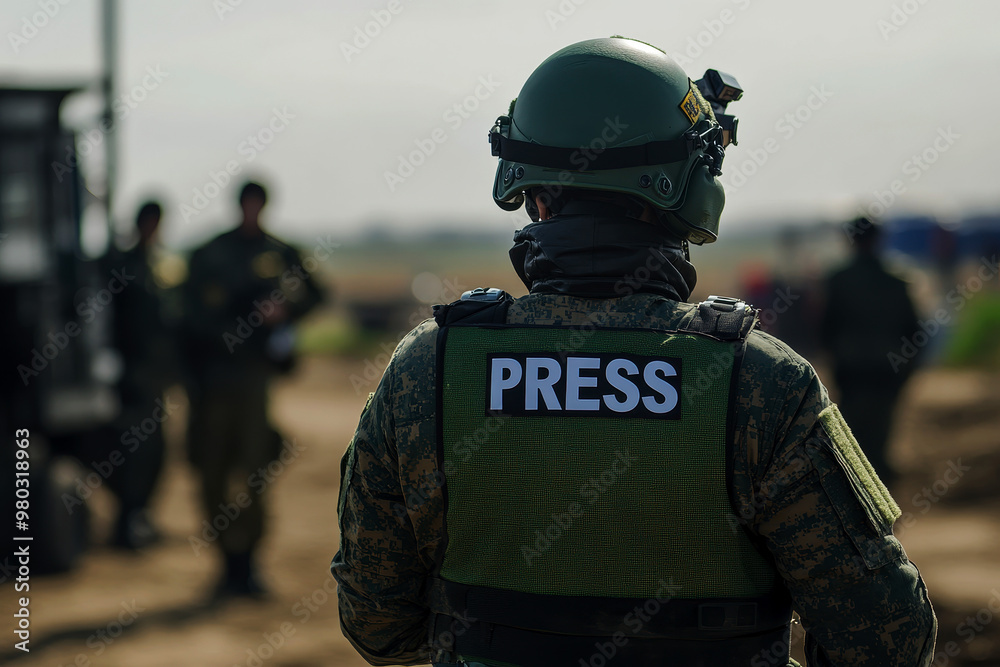 A reporter stands at a disaster site, wearing a safety helmet and press vest, ready to broadcast live updates. A reporter stands at a disaster site, wearing a safety helmet and press vest, ready to broadcast live updates.