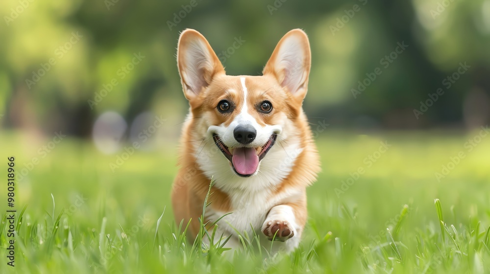 A happy corgi running joyfully through a lush green field, showcasing its playful nature and adorable features. A happy corgi running joyfully through a lush green field, showcasing its playful nature and adorable features.