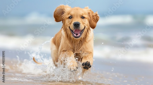 A joyful golden retriever runs playfully along the beach, splashing through the waves under a clear blue sky.