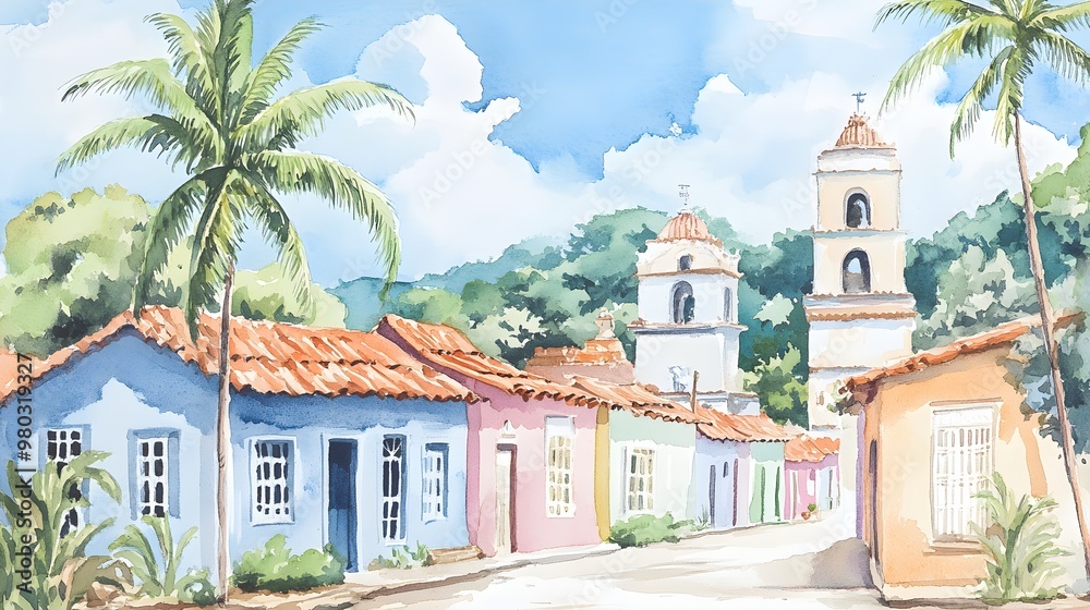 Coastal village scene with vibrant rainbow-colored buildings, palm trees swaying gently, rendered in a mix of watercolor fluidity and oil painting richness