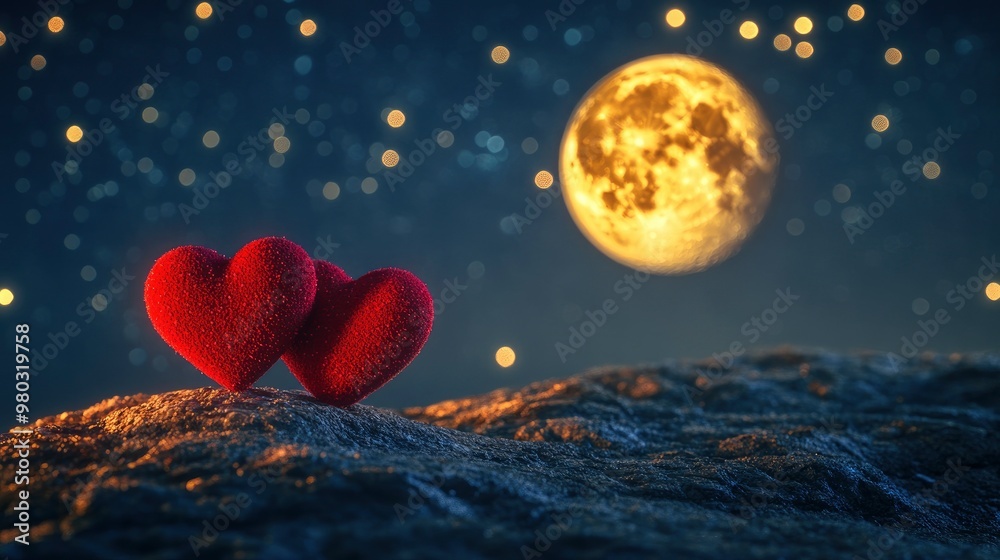 Two Soft Hearts In Front Of Full Moon On Hill With Starry Sky Background - Valentine's Day Concept with generative ai Two Soft Hearts In Front Of Full Moon On Hill With Starry Sky Background - Valentine's Day Concept with generative ai