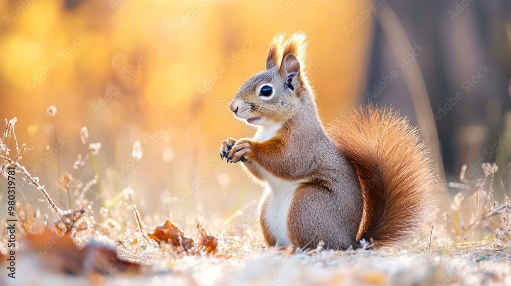 Cute Squirrel Foraging for Nuts in Autumn Woodland Cute Squirrel Foraging for Nuts in Autumn Woodland