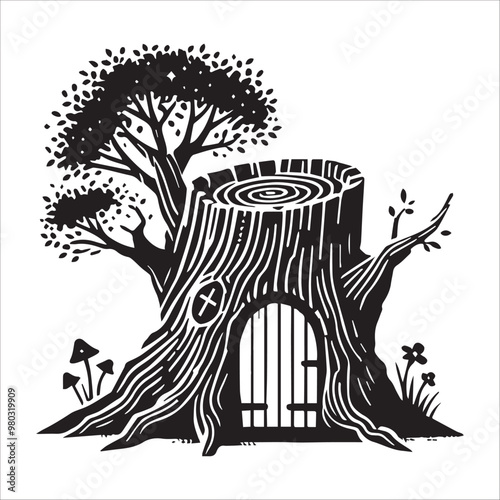 Tree Stump Silhouette Clipart, Tree Stump Clipart vector illustration in black and white