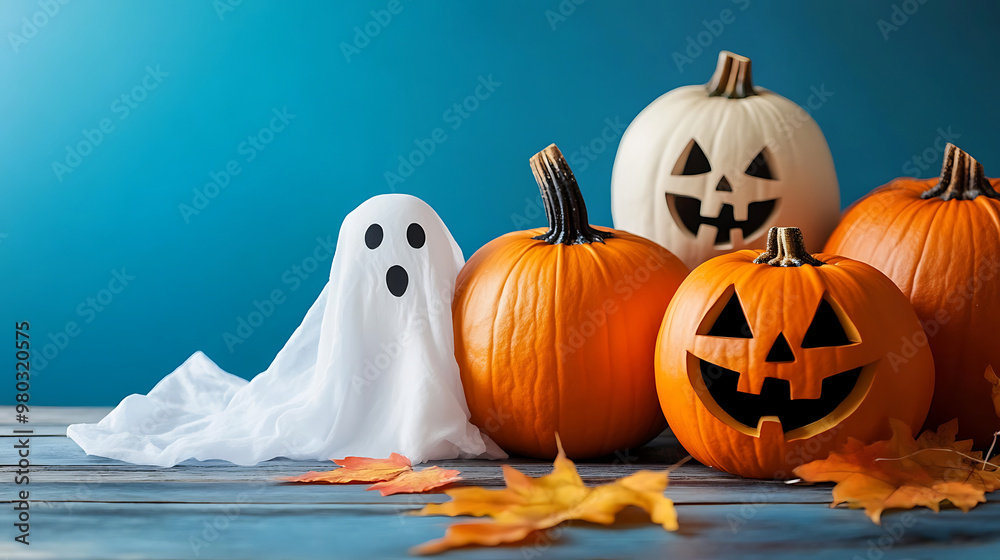 Halloween pumpkins and ghost decorations on blue backdrop Halloween pumpkins and ghost decorations on blue backdrop